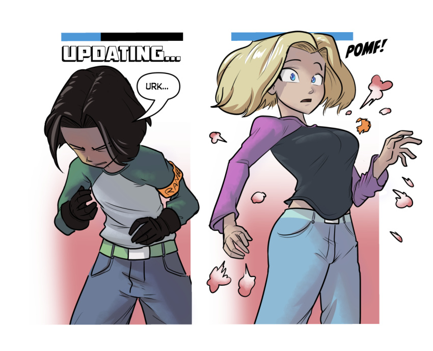 1boy, 1girl, android, android_17, android_18, armband, belt, black_gloves