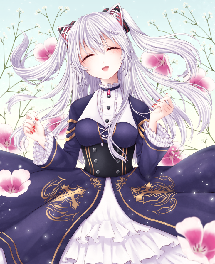 1girl, :d, ^_^, breasts, buttons, cape, closed_eyes, dress
