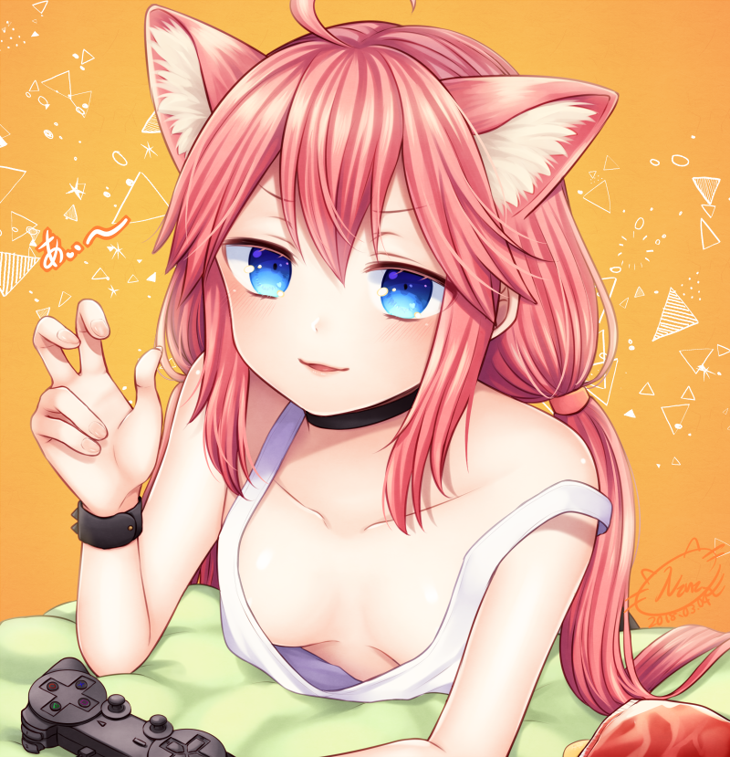 1girl, 2018, ahoge, animal_ears, bag_of_chips, bangs, bare_shoulders, black_choker