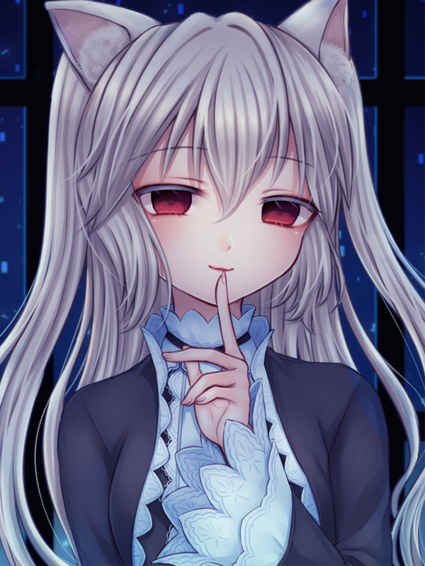 1girl, :3, animal_ears, bangs, black_dress, blush, cat_ears, closed_mouth, colored_eyelashes, dress, empty_eyes, eyebrows, eyebrows_visible_through_hair, finger_to_mouth, fingernails, hair_between_eyes, hand_up, index_finger_raised, kurosaki_nana, long_hair, long_sleeves, looking_at_viewer, nora_cat, nora_cat_channel, palms, red_eyes, silver_hair, smile, solo, straight_hair, two_side_up, upper_body, virtual_youtuber, wide_sleeves