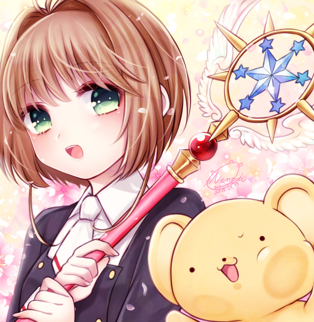 1girl, 2018, :d, antenna_hair, bangs, black_jacket, blush, brown_hair