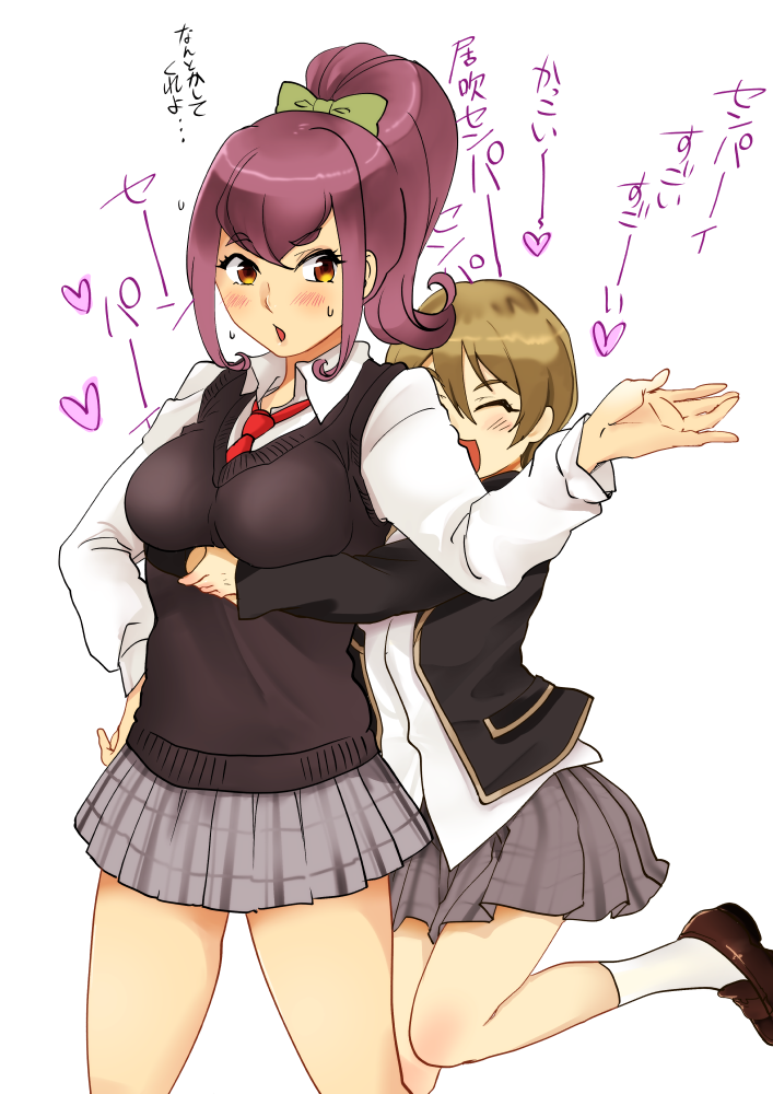 2girls, blush, brown_hair, closed_eyes, hug, hug_from_behind, ibuki_imina, long_hair