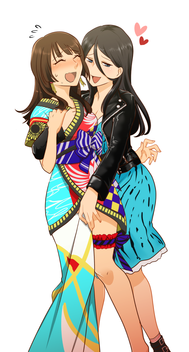 2girls, black_hair, blue_eyes, blush, breasts, brown_eyes, brown_hair, closed_eyes