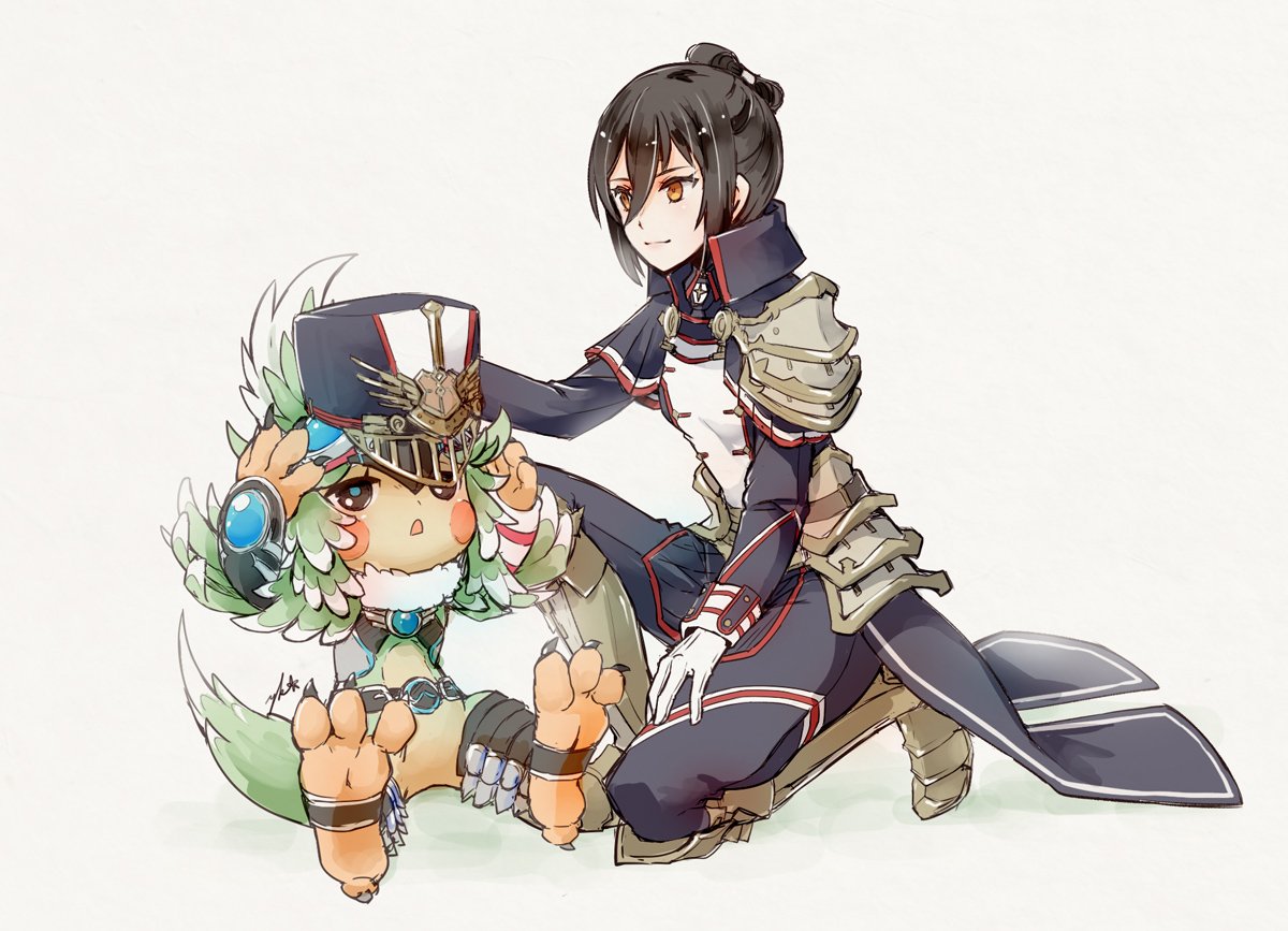 black_hair, brown_eyes, chion_(yukina), feathers, gloves, goggles, goggles_on_head, hat