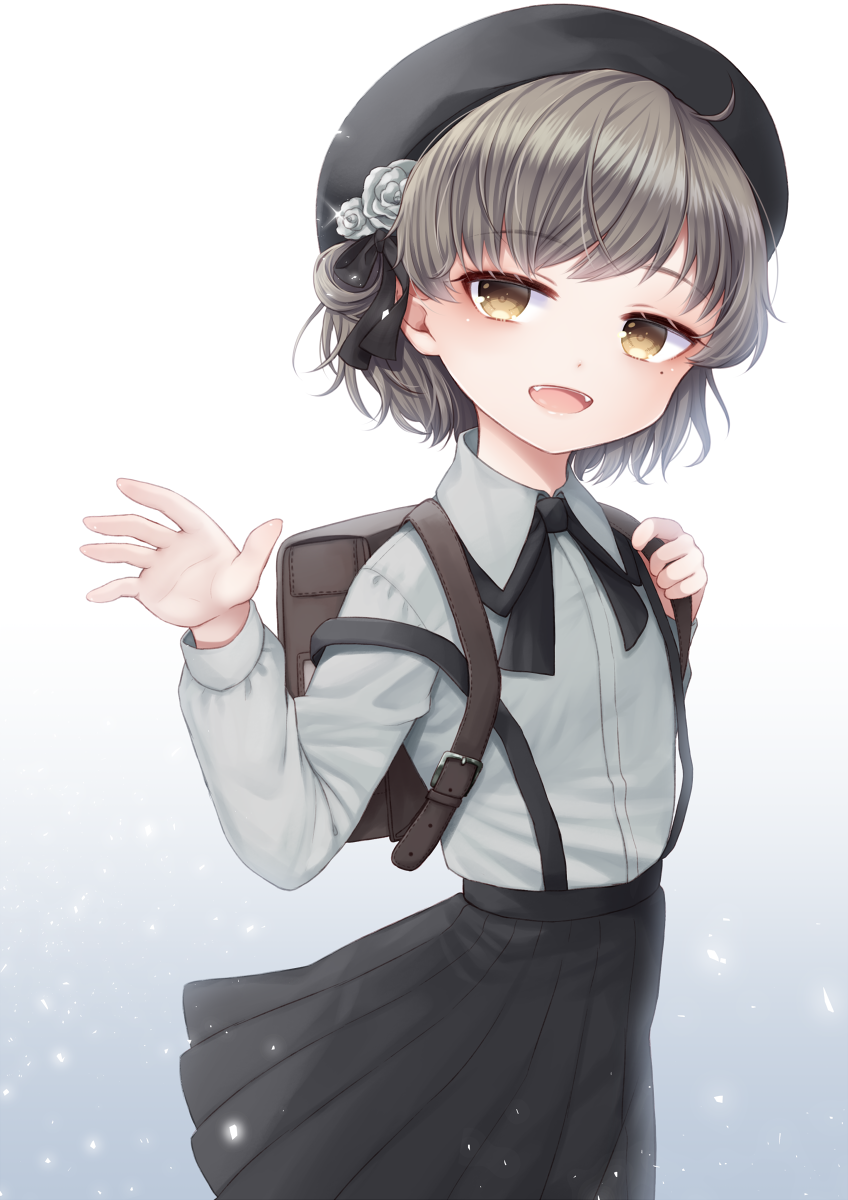 1girl, :d, ahoge, backpack, bag, bangs, beret, black_bow