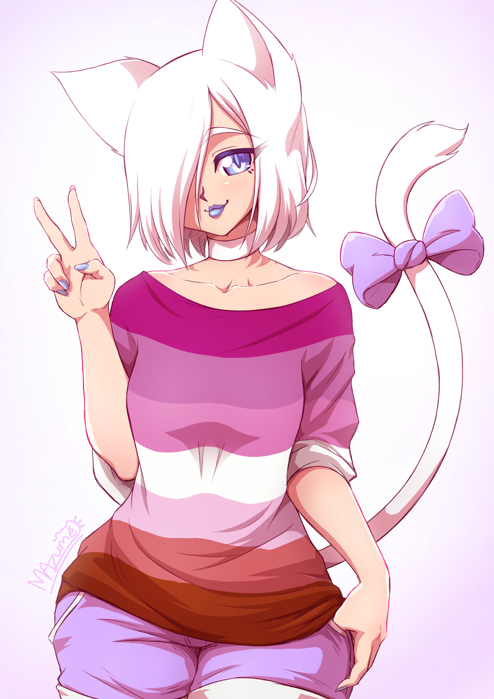 1girl, animal_ears, artist_name, blue_bow, blue_eyes, blue_lipstick, blue_nails, bow