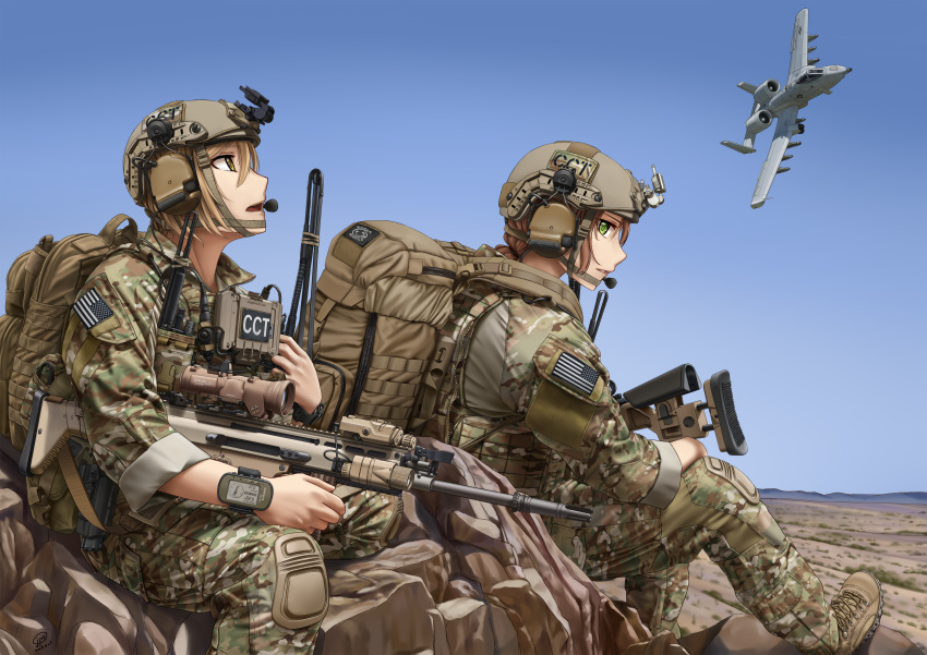 >_<, 2girls, a-10_thunderbolt_ii, absurdres, aircraft, airplane, american_flag, backpack, bag, blonde_hair, brown_hair, desert, fn_mk_20_ssr, green_eyes, gun, headset, helmet, highres, horizon, jet, jpc, knee_pads, load_bearing_vest, looking_at_viewer, looking_to_the_side, looking_up, low_ponytail, military, military_uniform, multiple_girls, open_mouth, original, patch, ponytail, radio_antenna, rifle, scope, sitting, sky, sleeves_rolled_up, sniper_rifle, soldier, uniform, us_air_force, watch, watch, weapon, yellow_eyes