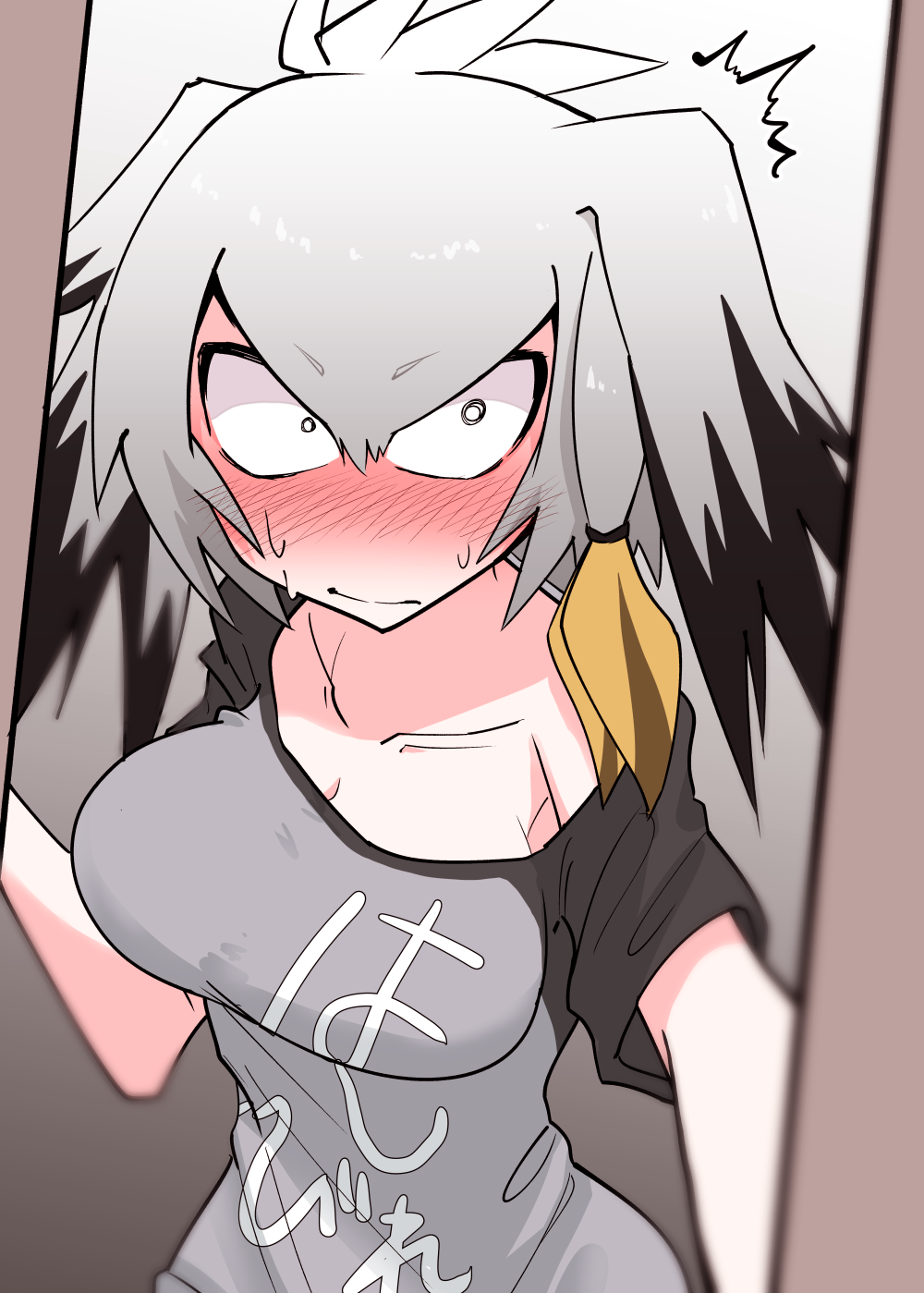 1girl, bird, black_hair, blush, collarbone, grey_hair, highres, kemono_friends