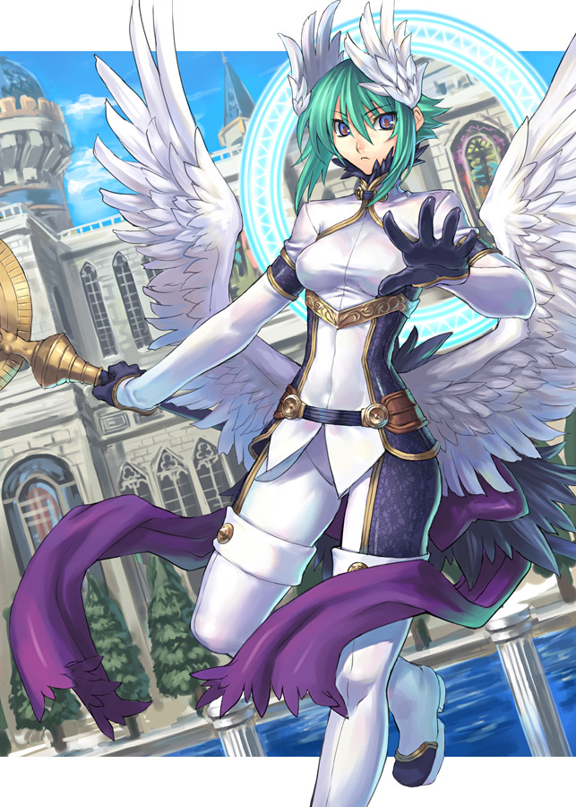 blue_eyes, boots, green_hair, head_wings, headwings, low_wings, luriel, outside_of_border, ran'ou_(tamago_no_kimi), ranou, rurieru, shinrabansho, shinrabanshou, short_hair, solo, staff, thigh-highs, thigh_boots, thighhighs, wings