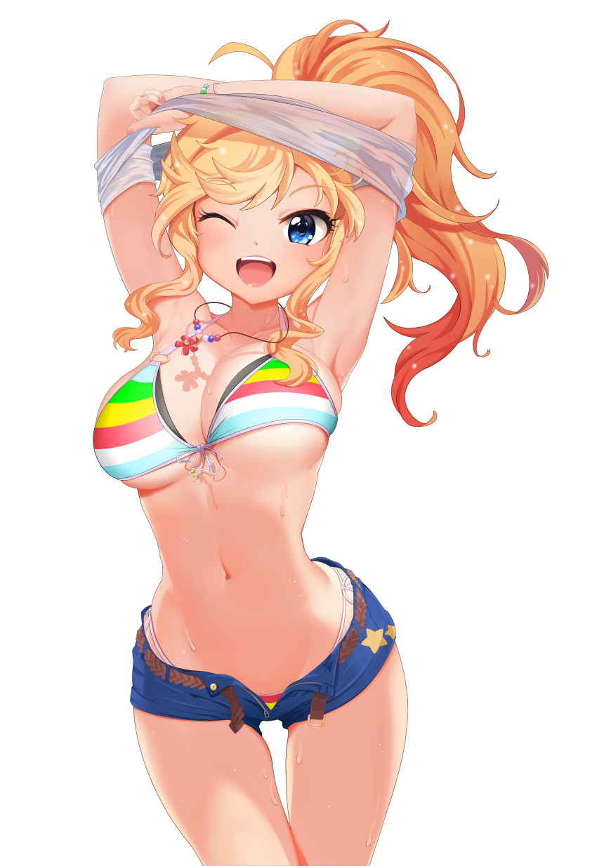 1girl, ;d, absurdres, armpits, arms_up, belt, bikini, bikini_under_clothes