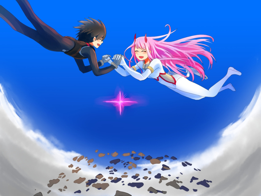 1boy, 1girl, black_hair, closed_eyes, clouds, couple, darling_in_the_franxx, hand_holding