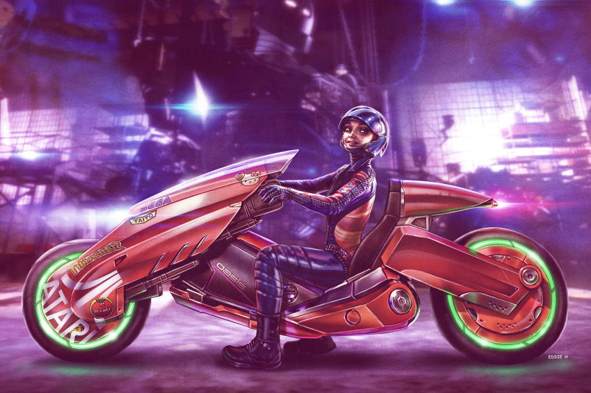 1boy, 2girls, akira, art3mis, assembling, atari, biker, blurry