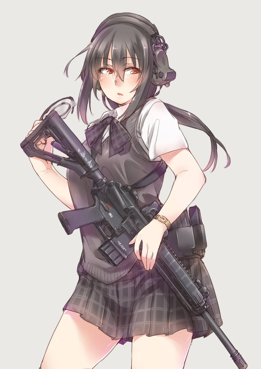 1girl, assault_rifle, ayyh, black_hair, bow, ear_protection, gun, heckler_&amp;_koch