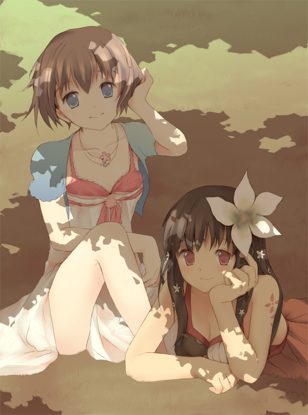adjusting_hair, bad_id, bindi, blue_eyes, brown_hair, chin_rest, flower, hair_flower