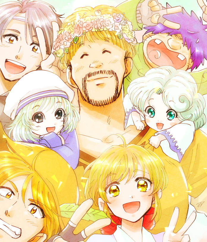 2girls, 5boys, blonde_hair, bobosuke, bow, clay_s._anderson, closed_eyes, facial_hair