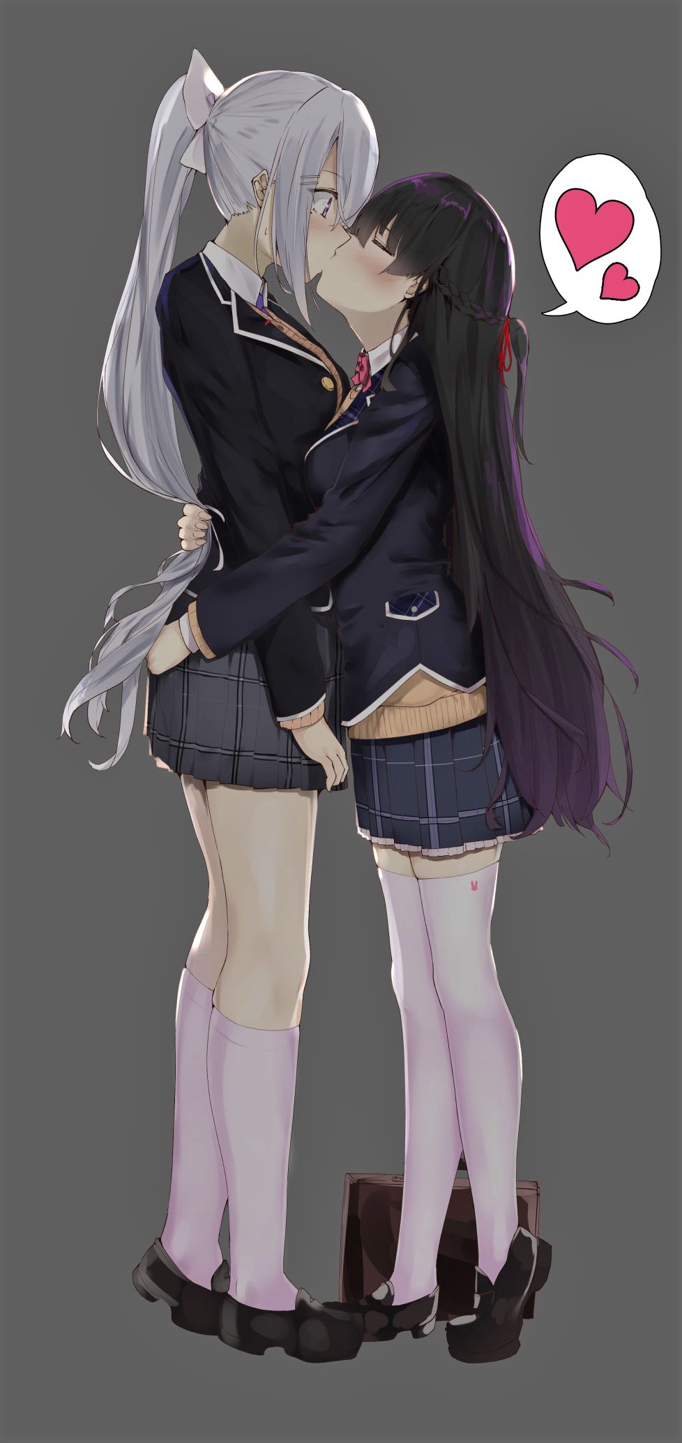 2girls, animal_print, ass_grab, bangs, black_footwear, black_hair, blush, braid