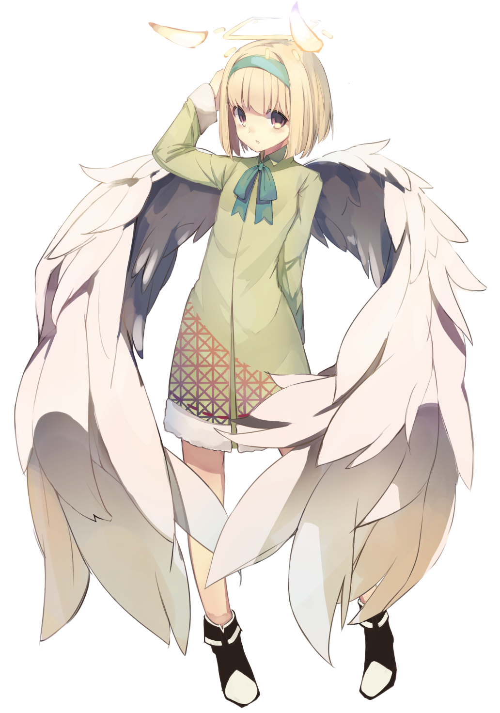 1girl, angel, angel_wings, arm_behind_back, arm_up, bangs, blonde_hair, blush, bob_cut, boots, brown_eyes, coat, commentary_request, detached_horns, enamisachi, full_body, green_hairband, green_ribbon, hairband, hand_on_own_head, highres, horns, long_sleeves, looking_at_viewer, neck_ribbon, original, parted_lips, ribbon, short_hair, simple_background, solo, standing, tareme, white_background, white_wings, wing_collar, wings