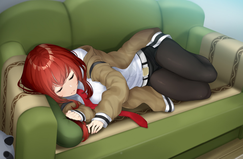 1girl, amami_amayu, belt, black_legwear, black_shorts, brown_jacket, closed_eyes, closed_mouth, couch, jacket, legs_together, legwear_under_shorts, long_hair, long_sleeves, lying, makise_kurisu, necktie, off_shoulder, on_couch, on_side, open_clothes, open_jacket, pantyhose, pantyhose_under_shorts, pillow, red_neckwear, redhead, shiny, shiny_hair, shirt, short_shorts, shorts, sleeping, smile, solo, steins;gate, white_shirt