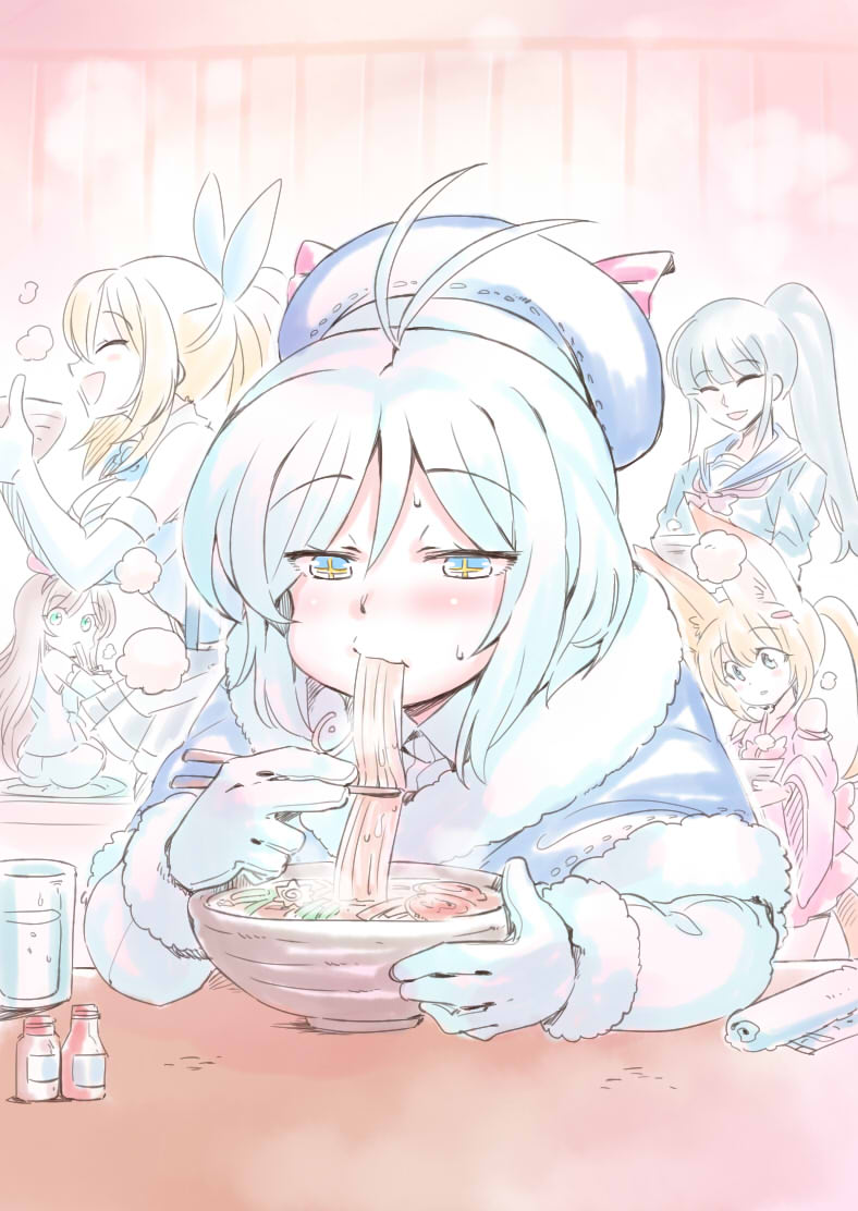 +_+, 5girls, :d, antenna_hair, bare_shoulders, black_hair, blonde_hair, blue_ribbon