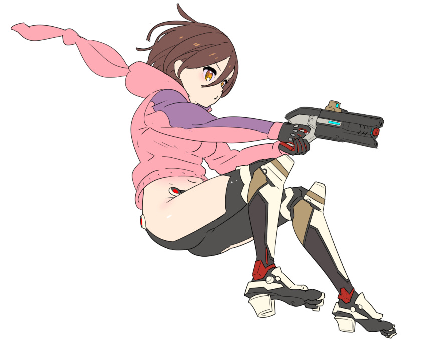 1girl, android, brown_eyes, brown_hair, closed_mouth, finger_on_trigger, full_body, gun