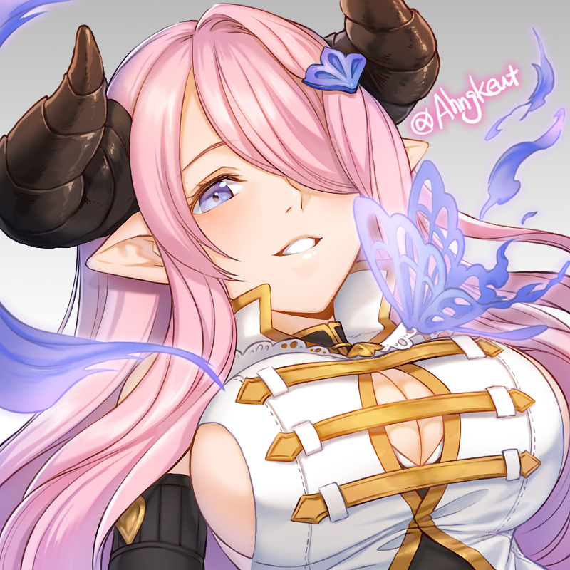 ahngkeut, breasts, bug, butterfly, cleavage, detached_sleeves, gradient, gradient_background