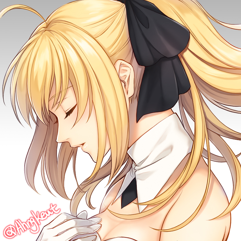 1girl, ahngkeut, ahoge, artoria_pendragon_(all), bare_shoulders, black_bow, blonde_hair, blush