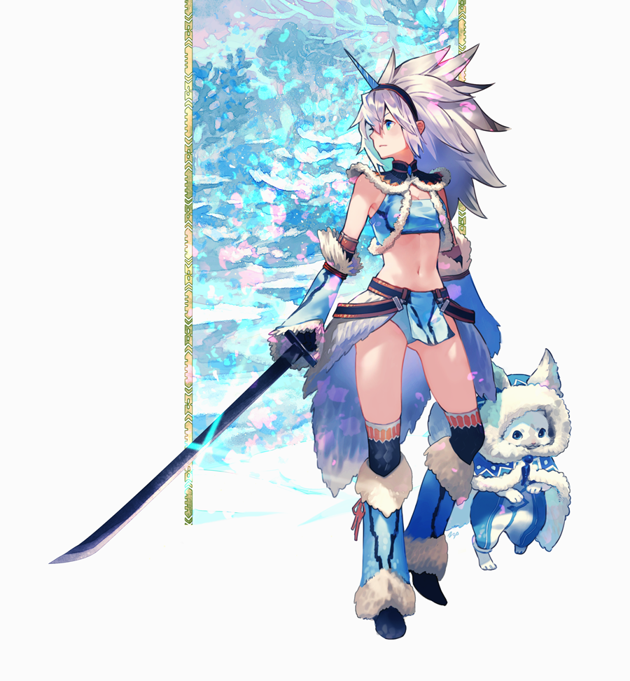 1girl, animal, bandeau, black_hairband, blue_bandeau, blue_cloak, blue_eyes, blue_footwear