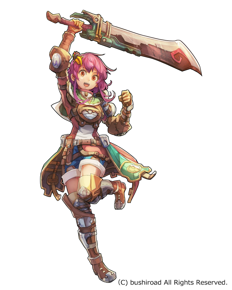 1girl, arm_up, belt, blue_shorts, bracer, brown_footwear, brown_gloves, clenched_hand
