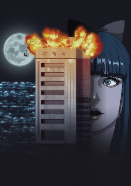 1girl, bangs, blue_hair, blunt_bangs, bow, building, bungee_jumping, city