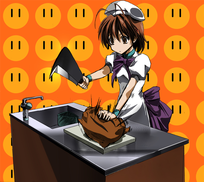 bad_id, billhook, botan, brown_eyes, brown_hair, clannad, cosplay, dango