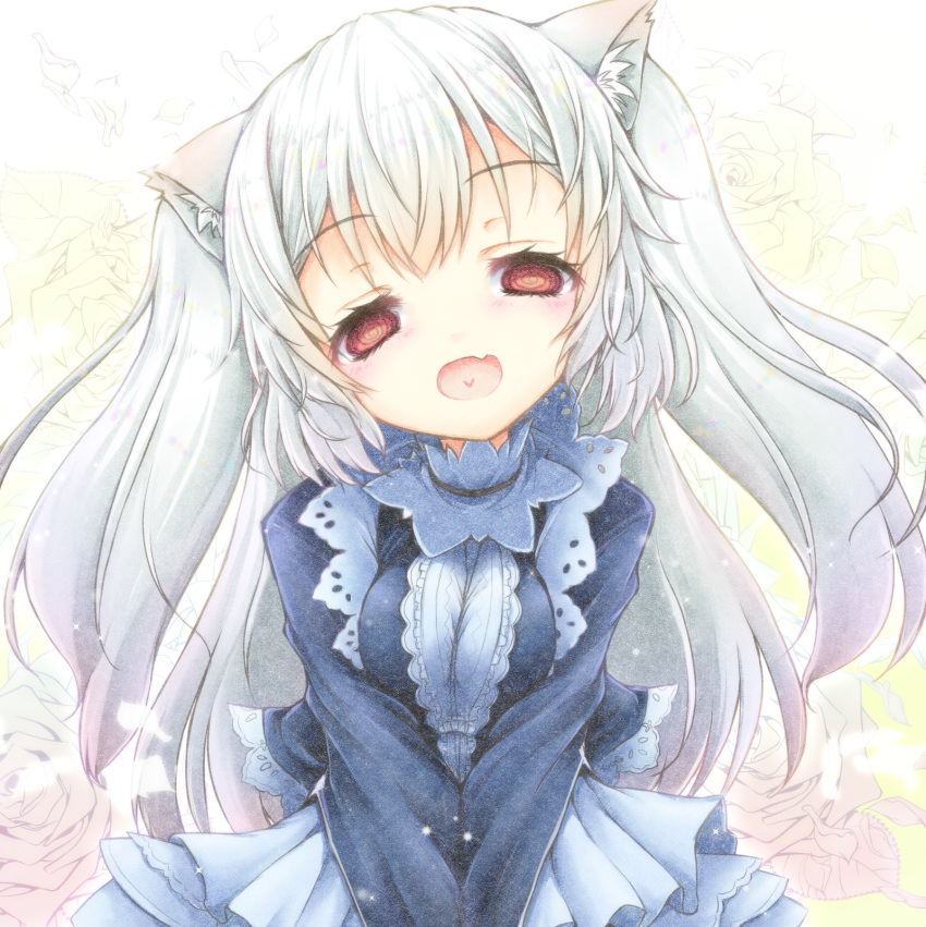 1girl, :d, ass, bangs, blue_dress, blush, breast_squeeze, breasts
