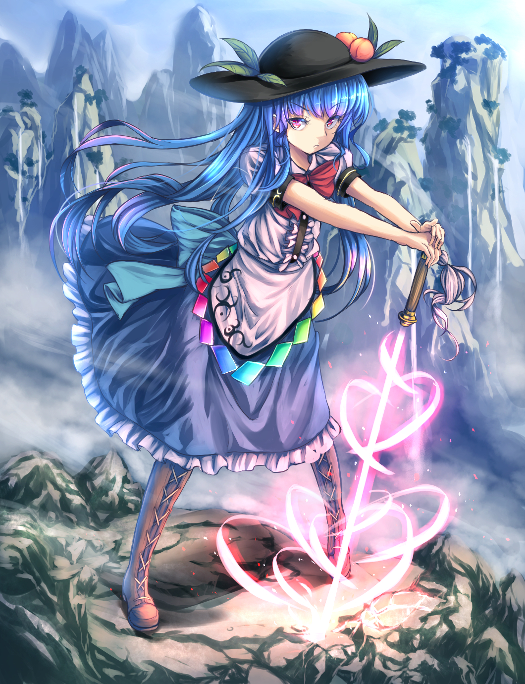 >:(, 1girl, black_hat, blouse, blue_hair, blue_skirt, blue_sky, boots