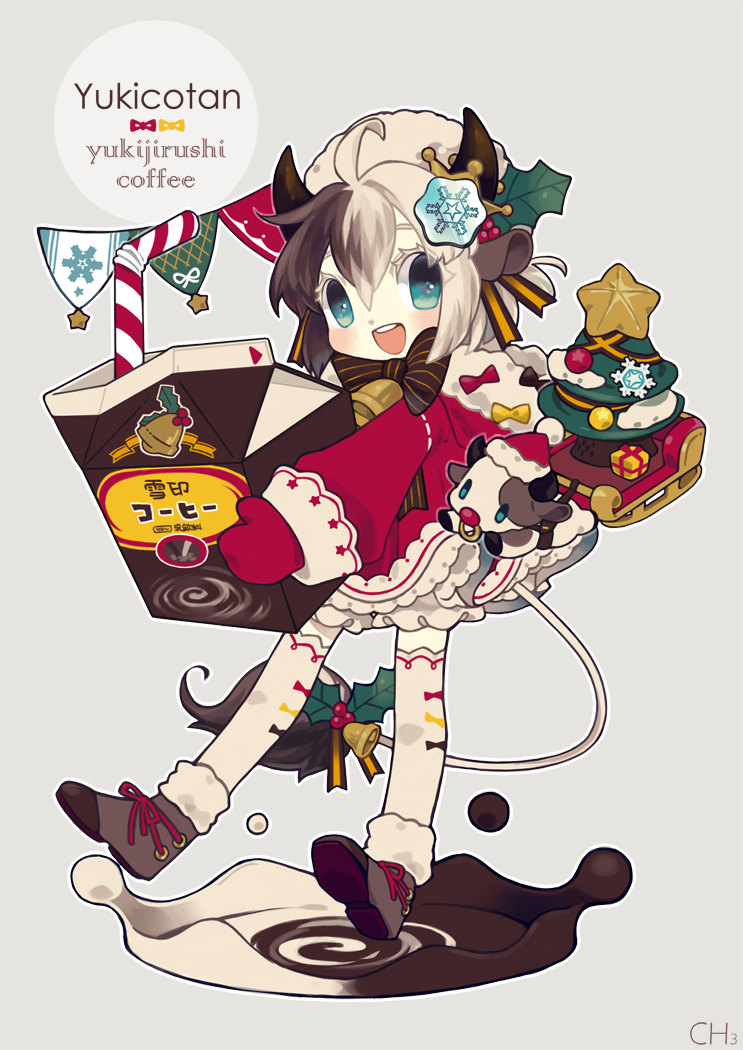 1girl, animal_ears, bell, blue_eyes, boots, character_name, christmas, christmas_tree, cow_bell, cow_ears, cow_girl, cow_horns, dress, drinking_straw, fur_trim, grey_background, hair_ornament, hairclip, hat, horns, methyl_key, mittens, multicolored_hair, open_mouth, simple_background, sleigh, smile, thigh-highs, two-tone_hair, ushi_musume_yukico-tan, white_legwear, white_skin, yukico-tan, yukijirushi