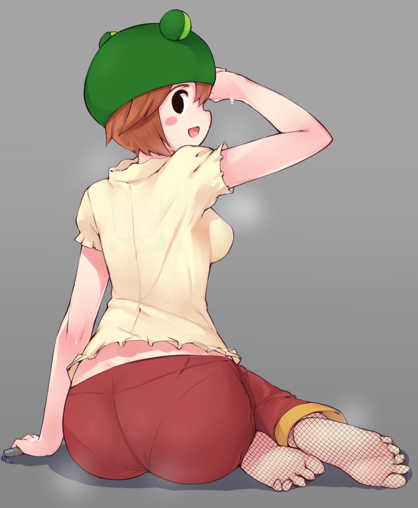 1girl, arm_support, ass, bangs, black_eyes, blouse, blush_stickers, brown_hair, brown_pants, commentary_request, debutya_aki, feet, fishnet_legwear, fishnets, frog_hat, from_behind, full_body, grey_background, holding, looking_at_viewer, looking_back, midorikawa_kero, open_mouth, pants, pantylines, red_eyes, rockman, rockman_exe, short_hair, short_sleeves, simple_background, sitting, smile, solid_oval_eyes, solo, steam, toes, wet, yellow_blouse, yokozuwari