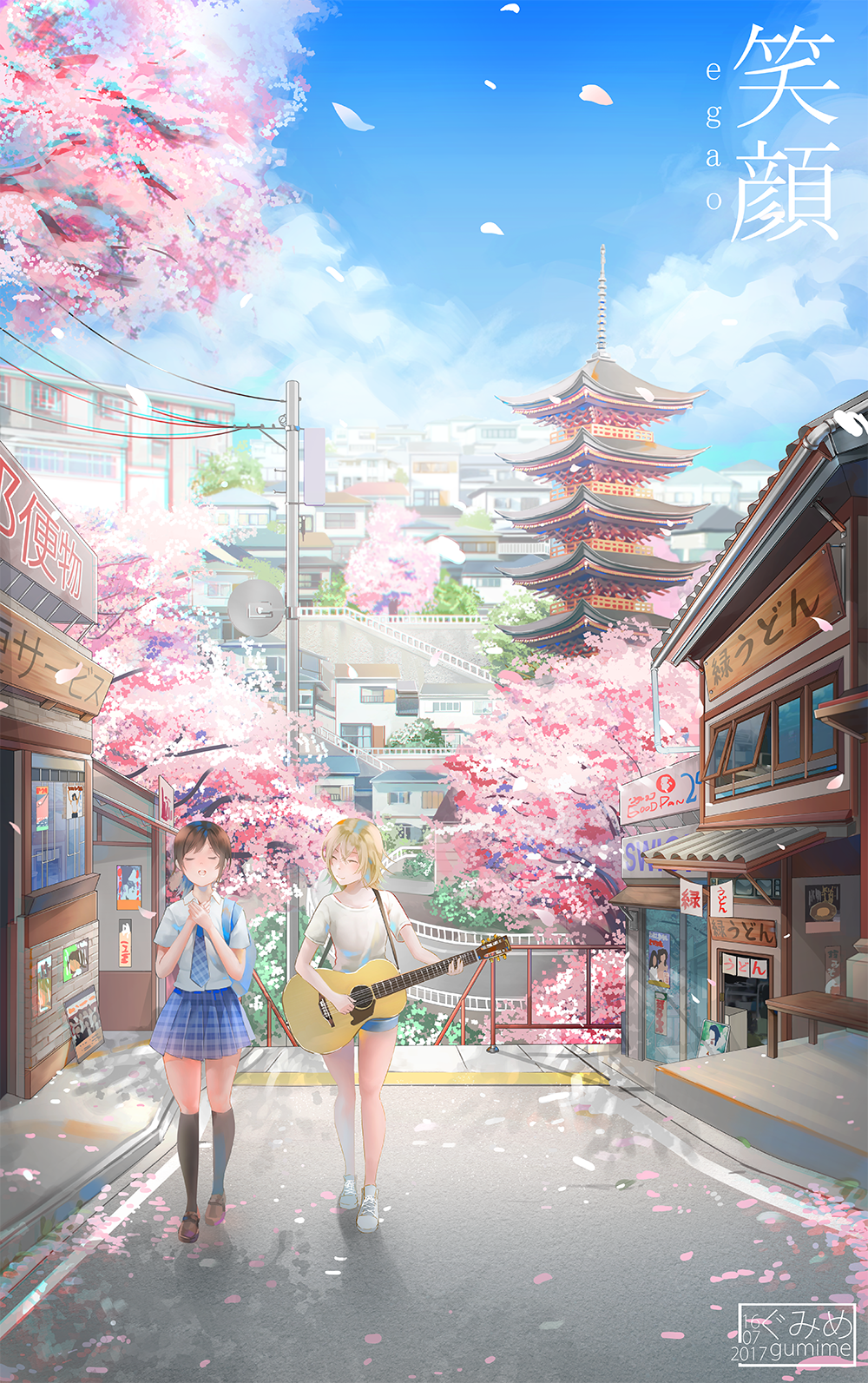 allison_(summer_lesson), artist_name, artist_request, background, blonde_hair, brown_hair, cherry_blossoms, closed_eyes