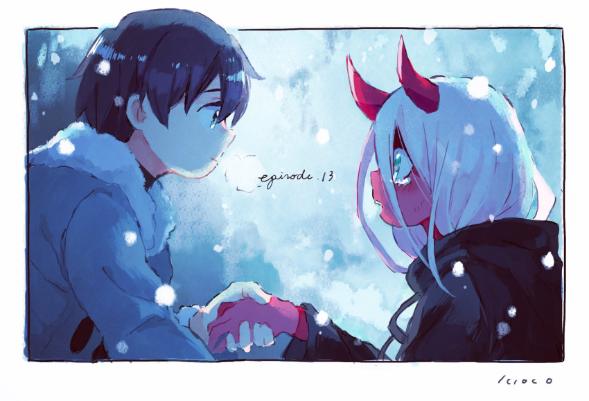 1boy, 1girl, black_hair, blue_eyes, coat, couple, darling_in_the_franxx, fur_trim, green_eyes, grey_coat, highres, hiro_(darling_in_the_franxx), horns, ki_on, long_hair, looking_at_another, parka, pink_hair, red_skin, short_hair, snowing, spoilers, zero_two_(darling_in_the_franxx)