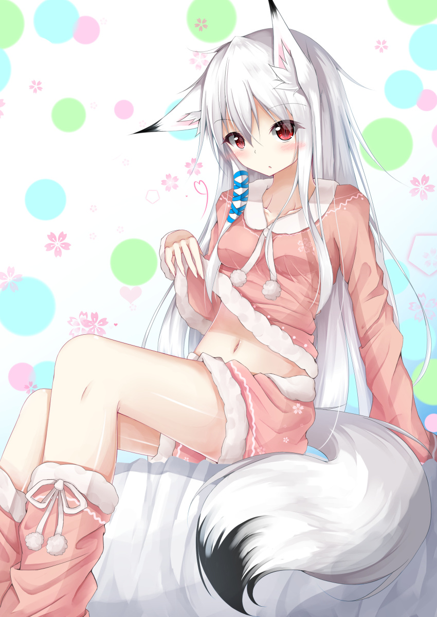 1girl, :o, absurdres, animal_ears, aqua_ribbon, arm_behind_back, arm_support, bangs, bed_sheet, blush, boots, breasts, collarbone, commentary_request, covered_nipples, dot_nose, eyebrows_visible_through_hair, eyelashes, eyes_visible_through_hair, floral_background, fox_ears, fox_girl, fox_tail, from_side, fur-trimmed_boots, fur-trimmed_shirt, fur-trimmed_shorts, fur-trimmed_sleeves, fur_collar, fur_trim, hair_between_eyes, hair_ribbon, hand_up, highres, horomasa, knee_boots, lifted_by_self, long_hair, long_sleeves, looking_at_viewer, looking_to_the_side, medium_breasts, navel, no_bra, open_mouth, original, pajamas, pajamas_lift, parted_lips, pink_footwear, pink_shirt, pink_shorts, polka_dot, polka_dot_background, pom_pom_(clothes), raised_eyebrows, red_eyes, ribbon, shirt, shirt_lift, short_shorts, shorts, sidelocks, simple_background, sitting, slit_pupils, solo, stomach, tail, tress_ribbon, very_long_hair, white_background, white_hair, white_ribbon