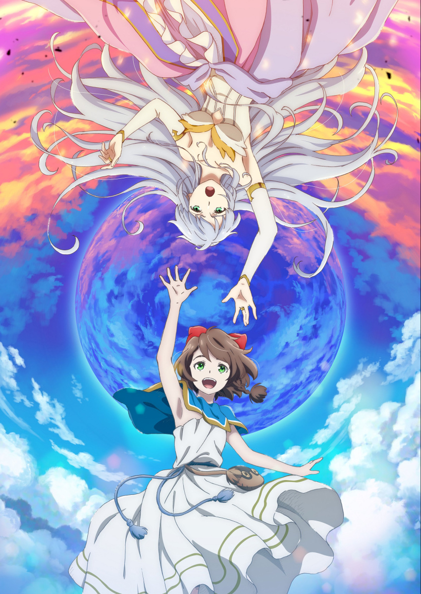2girls, :d, absurdres, arm_up, armpits, blue_capelet, bow, breasts