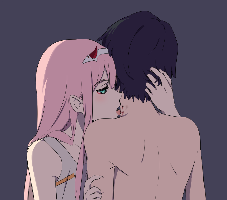 1boy, 1girl, black_hair, commentary, couple, darling_in_the_franxx, english_commentary, green_eyes
