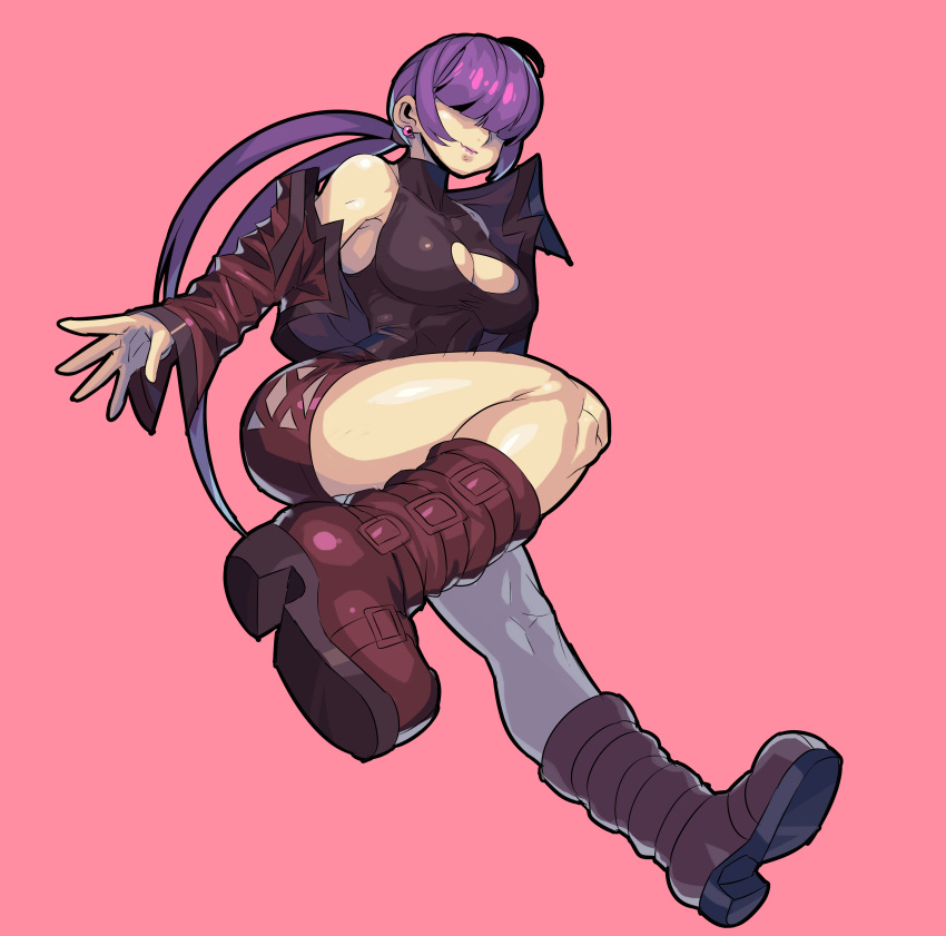 1girl, absurdres, ahoge, bare_shoulders, black_halter_top, boots, breasts, cleavage_cutout, cropped_jacket, earrings, fengmo, full_body, hair_over_eyes, halter_top, halterneck, highres, jacket, jewelry, large_breasts, lips, long_hair, miniskirt, pink_background, pink_earrings, purple_footwear, purple_jacket, purple_skirt, red_footwear, red_jacket, red_skirt, shermie, sidelocks, simple_background, skirt, sleeveless, solo, the_king_of_fighters, twintails, very_long_hair