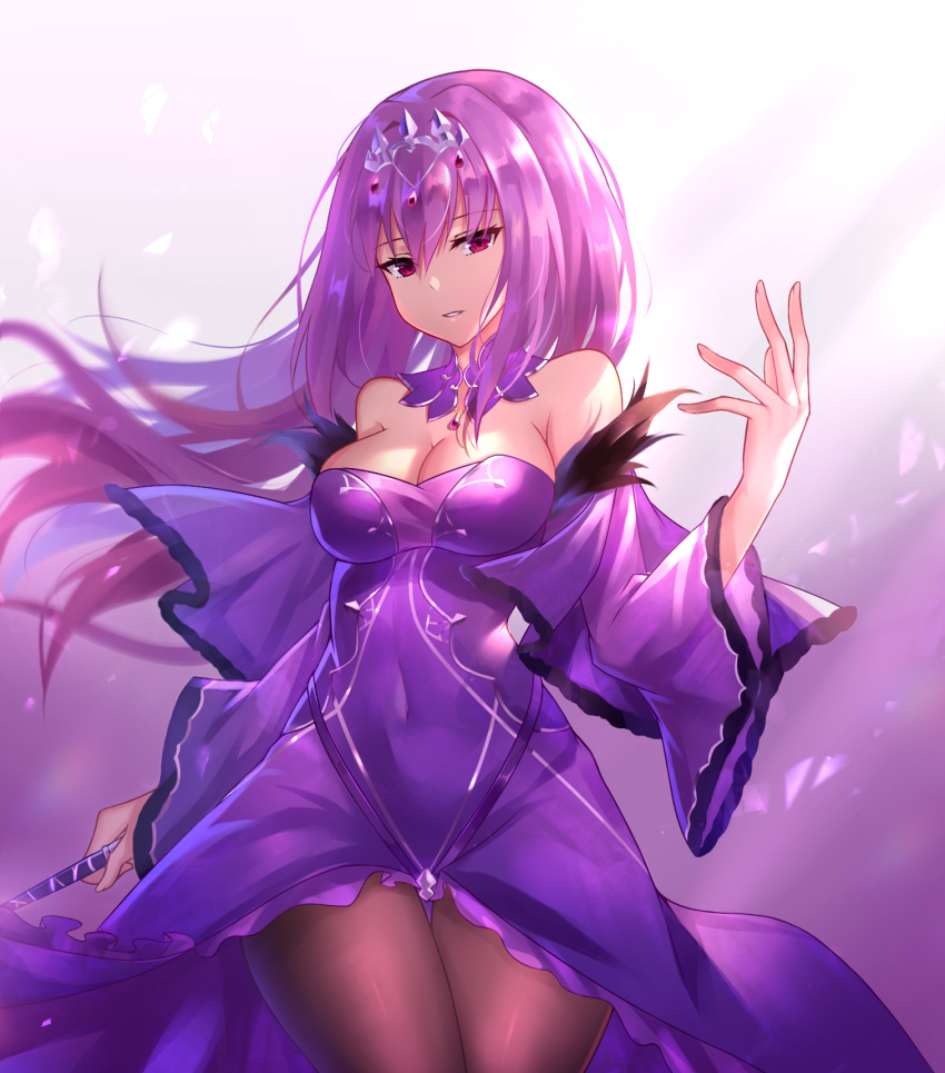 1girl, bare_shoulders, black_fire_(peter02713), black_legwear, bow, breasts, caster_(lostbelt), cleavage