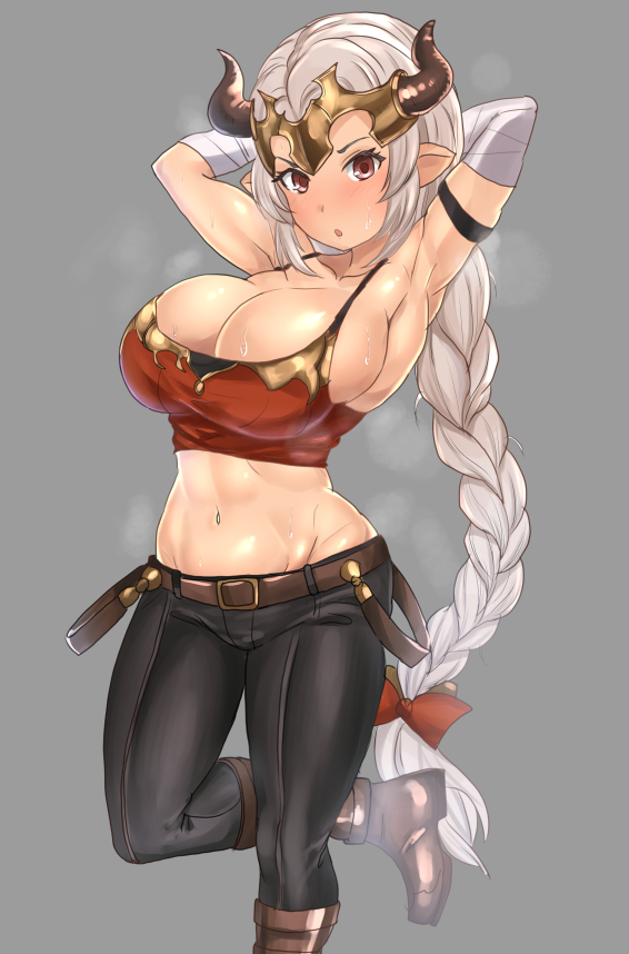 1girl, :o, aliza_(granblue_fantasy), arm_strap, armpits, arms_behind_head, arms_up, bandage