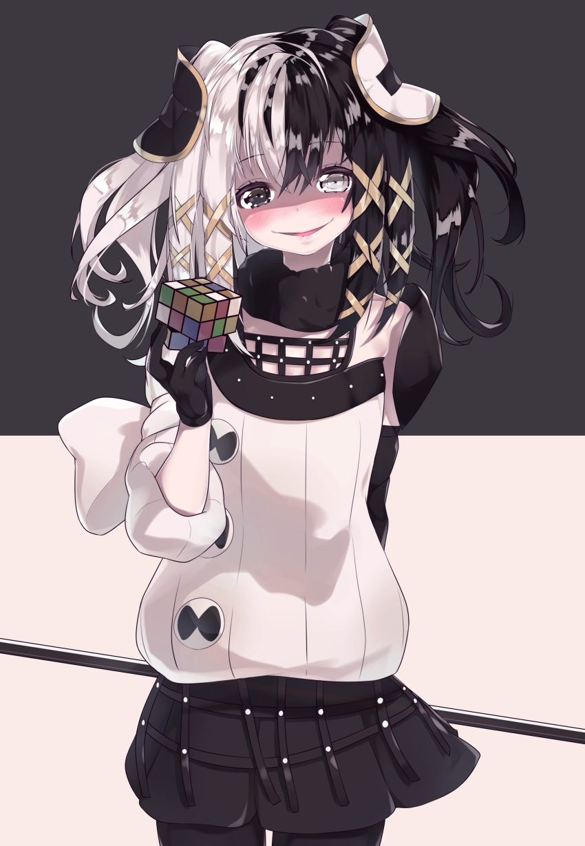 1girl, :d, absurdres, arm_behind_back, asymmetrical_gloves, bangs, black_background, black_eyes