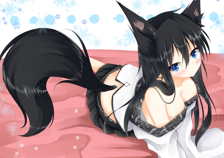 1girl, :/, animal_ears, bangs, bare_shoulders, bed_sheet, black_hair, black_skirt, blue_eyes, blush, breasts, cleavage, closed_mouth, collarbone, commentary_request, eyebrows_visible_through_hair, eyes_visible_through_hair, fox_ears, fox_girl, fox_tail, hair_between_eyes, half-closed_eyes, head_tilt, highres, horomasa, long_hair, long_sleeves, looking_at_viewer, lying, medium_breasts, miniskirt, off-shoulder_shirt, on_stomach, original, parted_bangs, pleated_skirt, raised_eyebrows, shiny, shiny_hair, shirt, simple_background, skirt, sleeves_past_wrists, slit_pupils, solo, tail, white_background, white_shirt, wide_sleeves