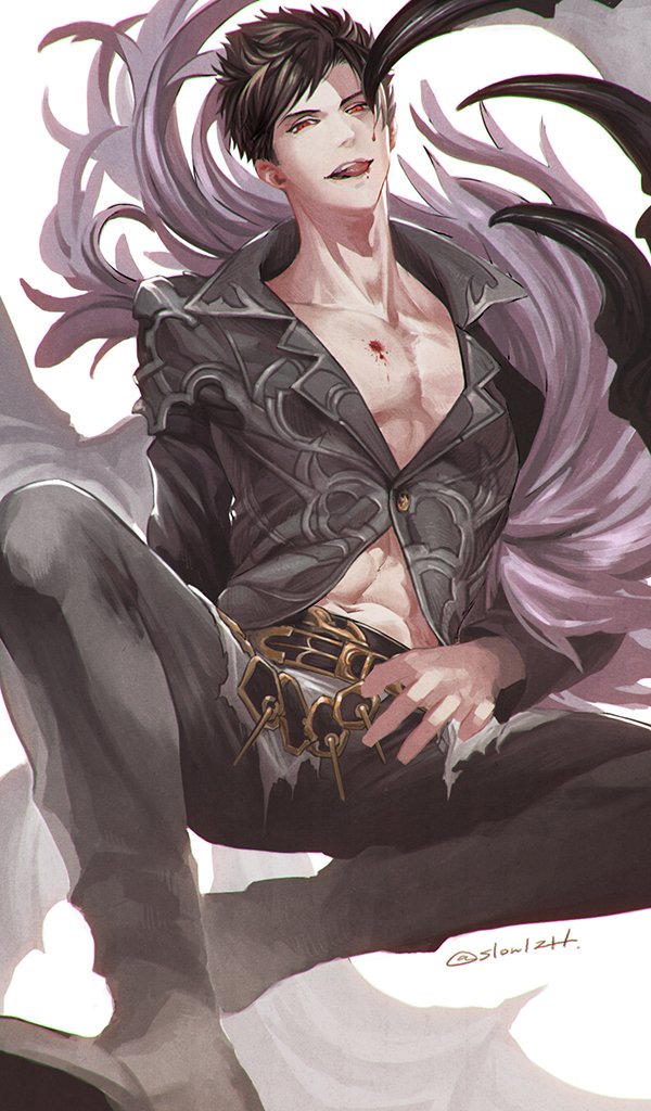 1boy, belial_(granblue_fantasy), black_hair, black_shirt, feather_boa, granblue_fantasy, male_focus, midriff, pectorals, red_eyes, shirt, short_hair, slowl241, smile, solo