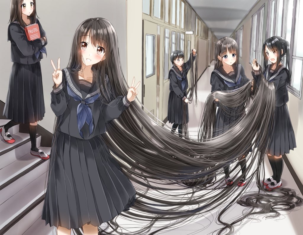 5girls, absurdly_long_hair, black_eyes, black_hair, black_serafuku, black_skirt, brown_eyes, commentary_request