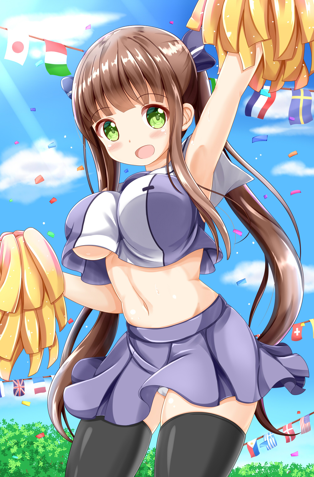 1girl, :d, american_flag, arm_up, armpits, bangs, bare_arms, bare_shoulders