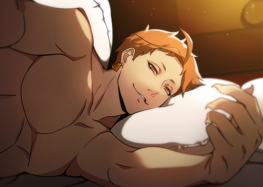 1boy, bare_chest, collarbone, earrings, fingernails, iwatooshi, jewelry, looking_at_viewer