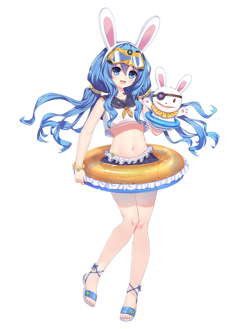 1girl, :d, alternate_costume, alternate_hairstyle, animal_ears, bikini_skirt, blue_eyes, blue_hair