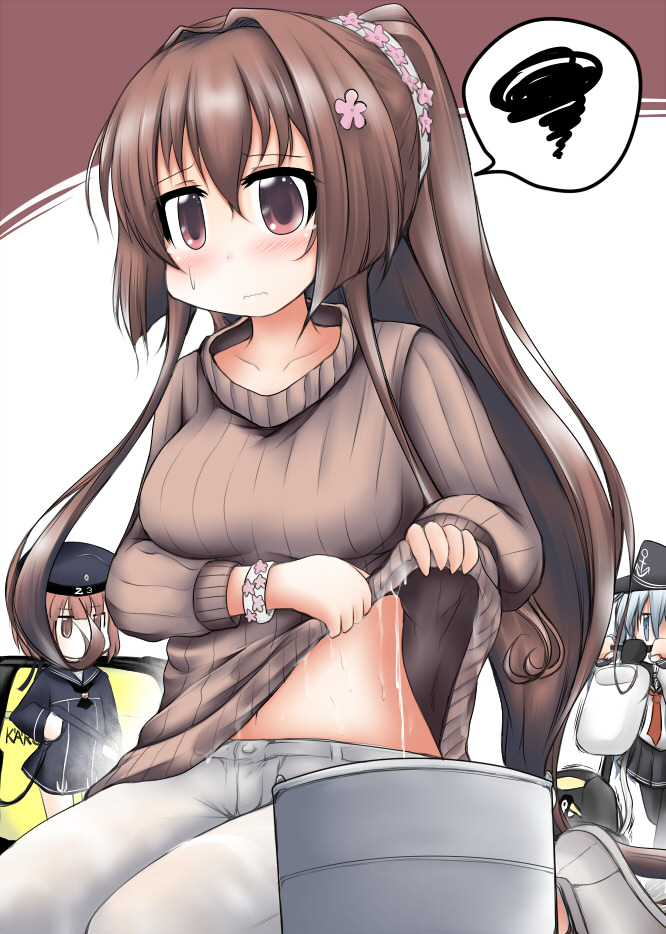 3girls, breasts, brown_hair, brown_sweater, bucket, cherry_blossoms, cleavage, commentary_request